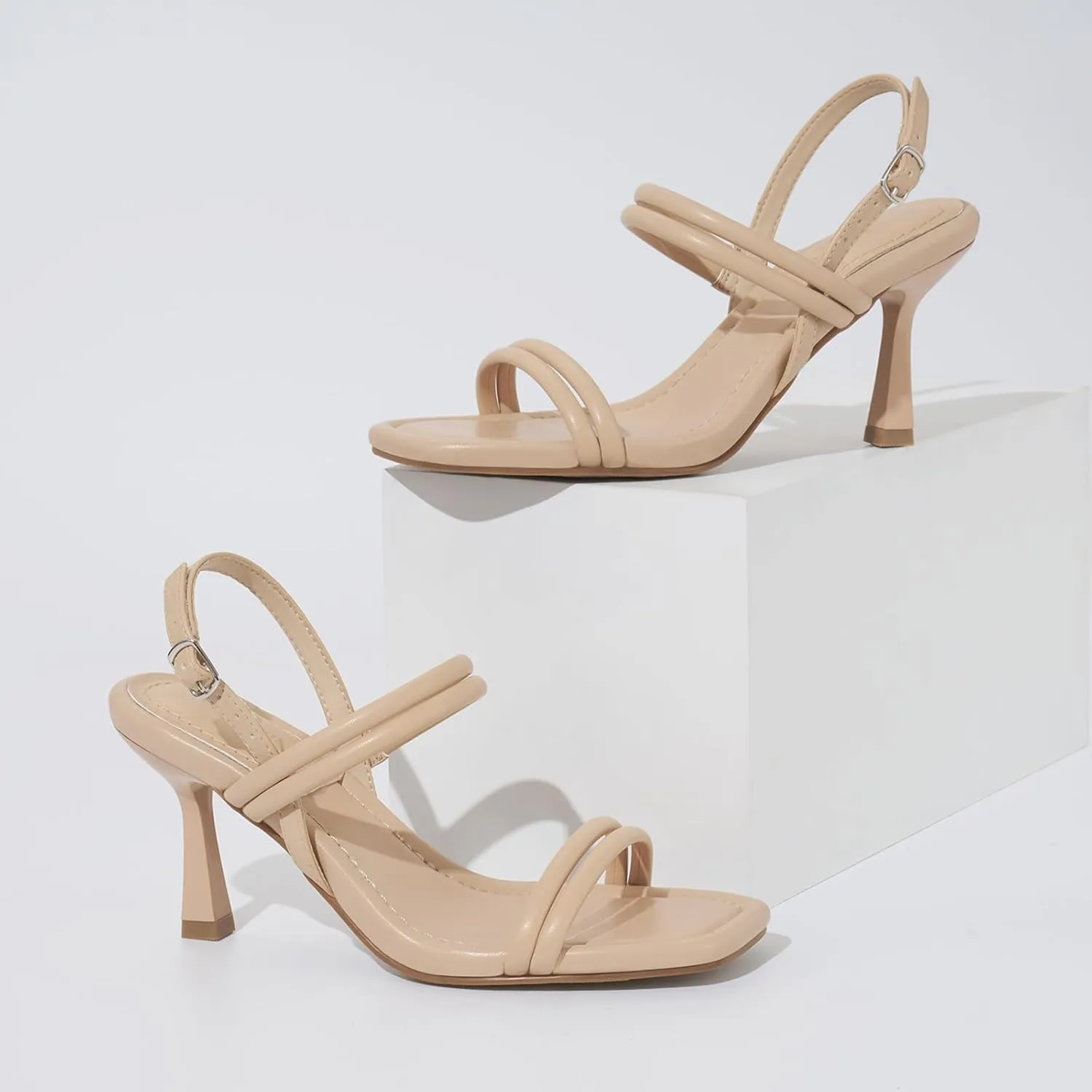 ZURIN Womens Strappy Sandals Stiletto Heels Square Open Toe Ankle Strap Dress Shoes 3 Inch Kitten Heeled Sandals for Wedding Bridal Evening Party Prom Summer