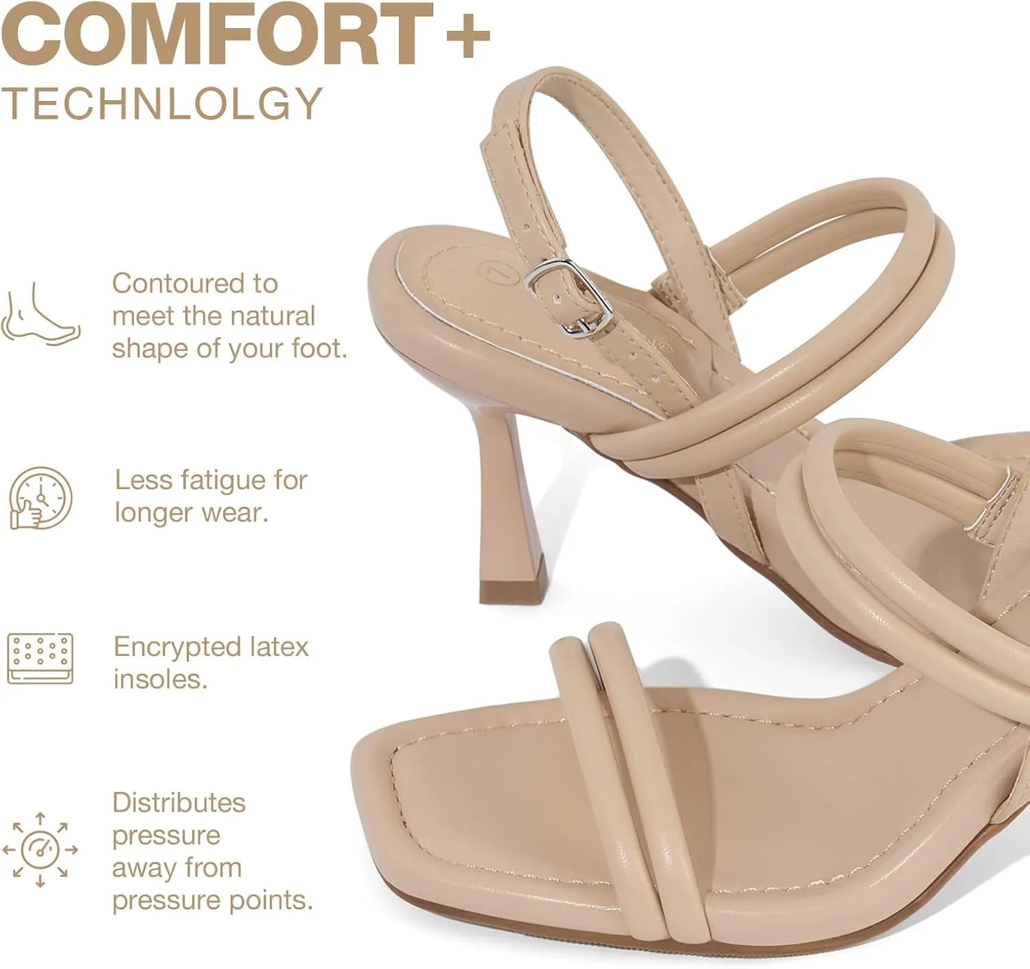 ZURIN Womens Strappy Sandals Stiletto Heels Square Open Toe Ankle Strap Dress Shoes 3 Inch Kitten Heeled Sandals for Wedding Bridal Evening Party Prom Summer